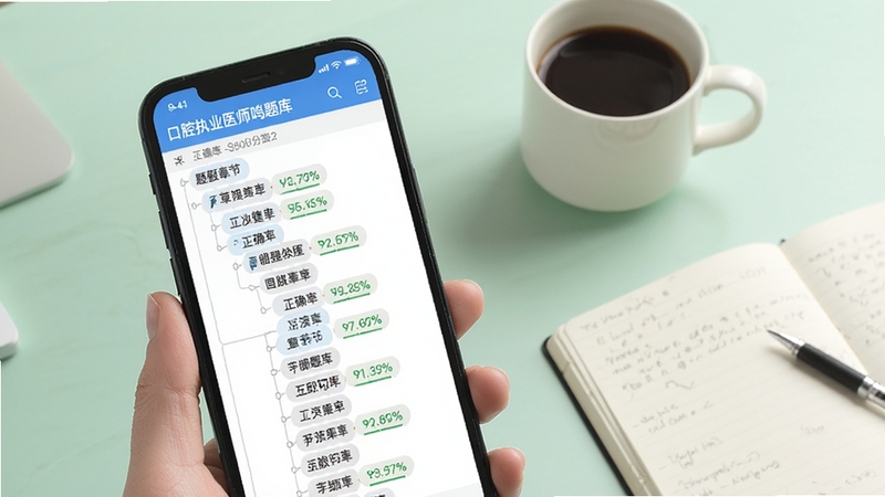 口腔执业医师鸣题库智能分类界面,手机屏幕显示题库章节树状列表,每个章节旁标注正确率百分比,背景为淡绿色学习桌面,旁边放置一杯咖啡与笔记本,画面干净整洁,突出分类清晰的学习氛围