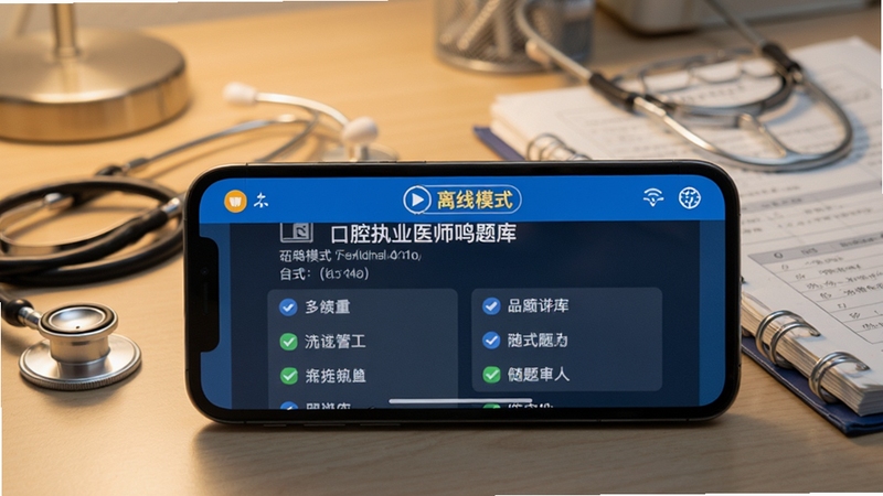 口腔执业医师鸣题库离线刷题场景,手机横屏显示题目与选项,屏幕上方有离线模式标识,背景为医院值班室桌面,旁边放置听诊器与病历本,光线柔和,突出随时随地学习的便捷性
