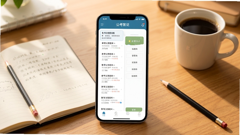 一款名为公考常识的手机应用界面全景展示图,画面主体居中为手机屏幕,屏幕内呈现常识题库列表与答题卡界面,背景区域为书桌场景,桌上摆放笔记本、铅笔和一杯咖啡,整体色调明亮温暖,风格写实细腻,突出学习备考氛围