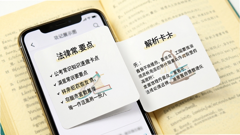 公考常识知识点速记卡片功能展示图,画面主体为手机屏幕呈现卡片翻转效果,卡片正面写有法律常识要点,背面为解析内容,背景为淡黄色书页纹理,风格简洁清新,细节丰富