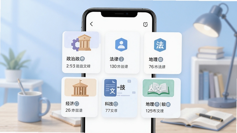 公考常识软件题库分类页面预览图,画面主体为手机屏幕显示政治、法律、经济、人文、科技、地理六个模块卡片,背景为浅蓝色渐变学习场景,卡片带有图标和题目数量标识,风格清爽扁平化,细节清晰