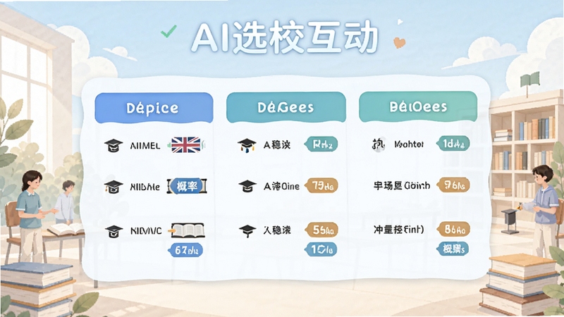 AI选校互动智能匹配界面,屏幕中央显示冲稳保三档院校列表与概率标签,背景为淡雅的教育场景插画,AI选校互动字样位于顶部,整体色调清新