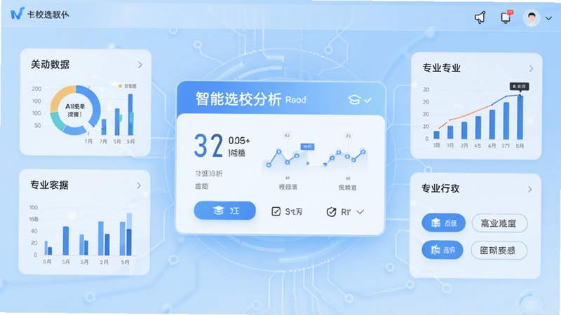 AI选校互动软件主界面展示,中央为智能选校分析卡片,周围环绕院校数据图表与专业标签,背景为浅蓝色科技感渐变,画面主体位于正中偏上区域,整体风格简洁明亮