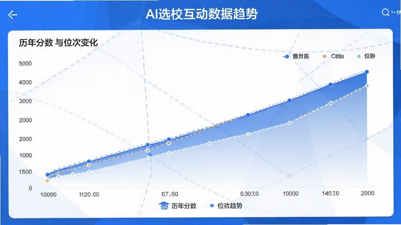 AI选校互动数据趋势页面,折线图展示历年分数与位次变化,页面配色为蓝白相间,软件名称位于图表上方,整体呈现专业数据分析风格