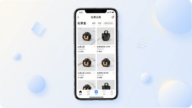 松果云商应用整体界面展示,画面主体为居中放置的智能手机,屏幕内呈现松果云商首页商品瀑布流与底部导航栏,背景为浅色渐变商务风,四周点缀简约几何图形与柔和光影,整体色调清爽明亮,突出移动电商工具的现代感与专业感