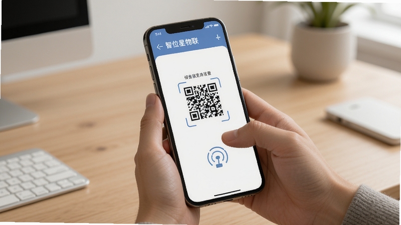 智位星物联移动端操作场景图,画面主体为手持手机展示设备绑定扫码界面,背景为简洁的室内桌面环境,光线柔和,突出操作便捷感,适配Boogu模型生成