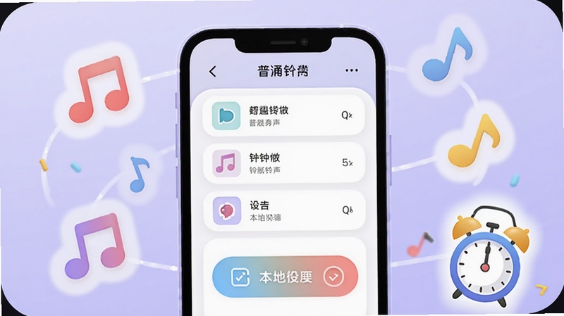 普通闹钟时钟铃声设置界面效果图,画面主体坐标位于中央的手机屏幕,展示铃声列表与本地导入按钮,屏幕周围有音符图标环绕;背景区域为淡紫色渐变,右下角放置一个小闹钟图标作为装饰,整体风格柔和圆角卡片式,色彩明快