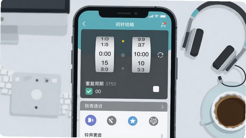 普通闹钟时钟功能展示图,画面中央坐标位置为手机屏幕特写,屏幕内显示闹钟编辑面板,包含时间滚轮、重复周期勾选项与铃声选择列表;背景区域为浅灰色工作台面,右侧散落一副耳机与一杯咖啡,整体色调清爽,扁平插画风格,细节突出UI控件层次