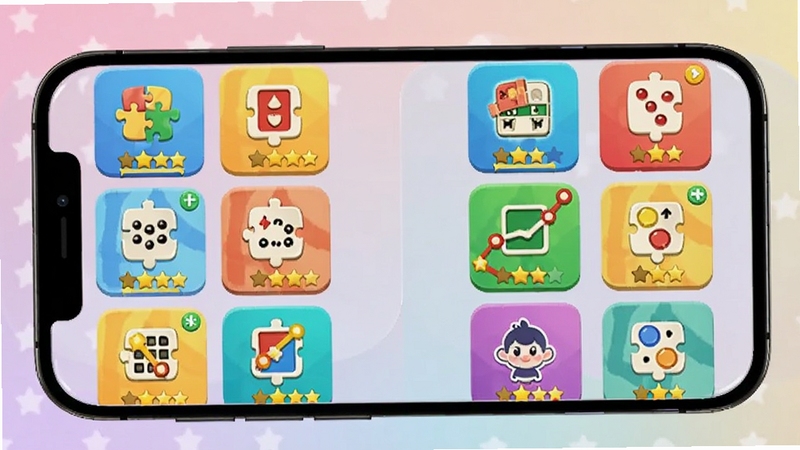左右脑益智乐园关卡选择界面图,画面展示手机屏幕内排列整齐的彩色关卡卡片,卡片上带有拼图、翻牌、连线等不同玩法图标,部分关卡显示已获得的星星奖励,背景为柔和渐变,整体风格活泼明快,适配Boogu模型生成