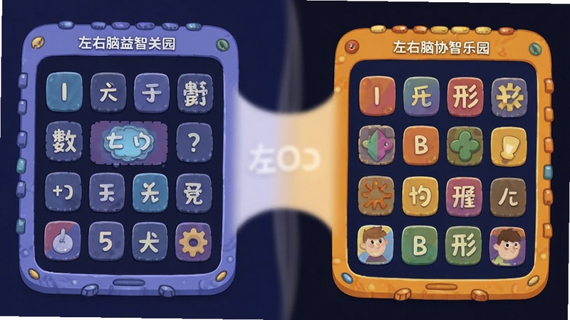 左右脑益智乐园左右脑协同训练场景图,画面左右分割构图,左侧为蓝紫色调的字逻辑关卡界面,右侧为橙黄色调的图形色彩关卡界面,中间以一道柔和光带连接,象征左右脑协同,整体卡通插画风格,细节清晰,适配Boogu模型生成