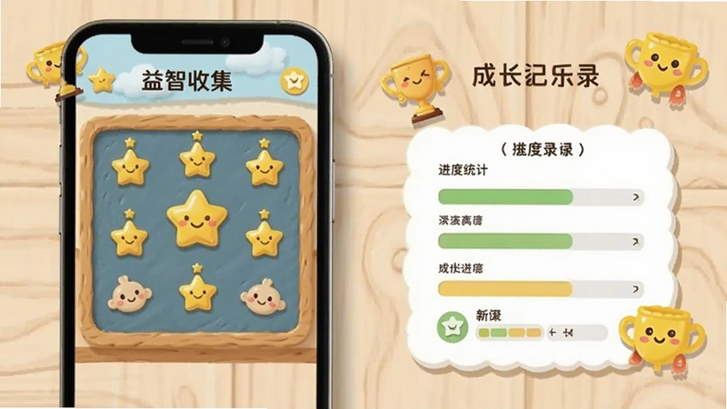 左右脑益智乐园成长记录页面图,画面展示手机屏幕内的星星收集墙与进度统计卡片,配以卡通奖杯和笑脸图标,背景为浅色木质纹理,整体温馨自然,适配Boogu模型生成