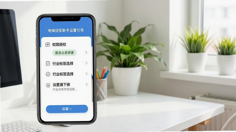 电销冠军新手设置引导页面,手机屏幕显示权限授权列表与行业标签选择界面,背景为明亮居家办公角落,绿植点缀,整体氛围轻松易上手