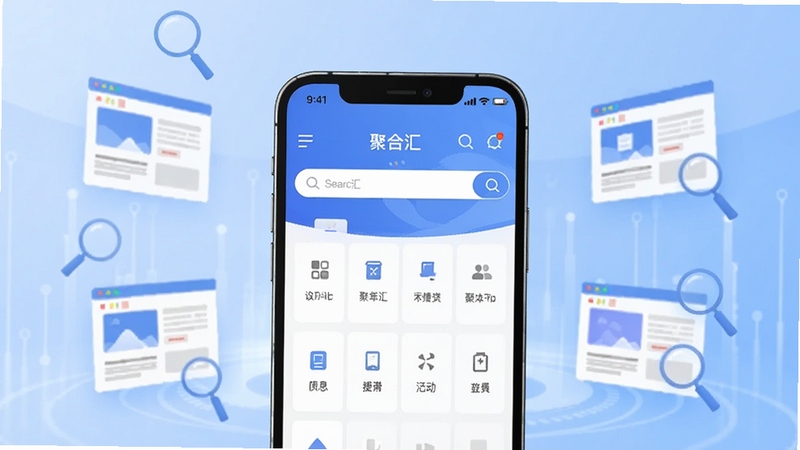 聚合汇软件主界面全貌展示,画面中央为手机屏幕,屏幕内呈现聚合汇浏览器首页的搜索框与功能入口布局,背景为浅蓝色渐变科技感空间,四周点缀悬浮的网页卡片与放大镜图标,整体风格清爽简洁,突出聚合浏览与便捷上网的产品气质