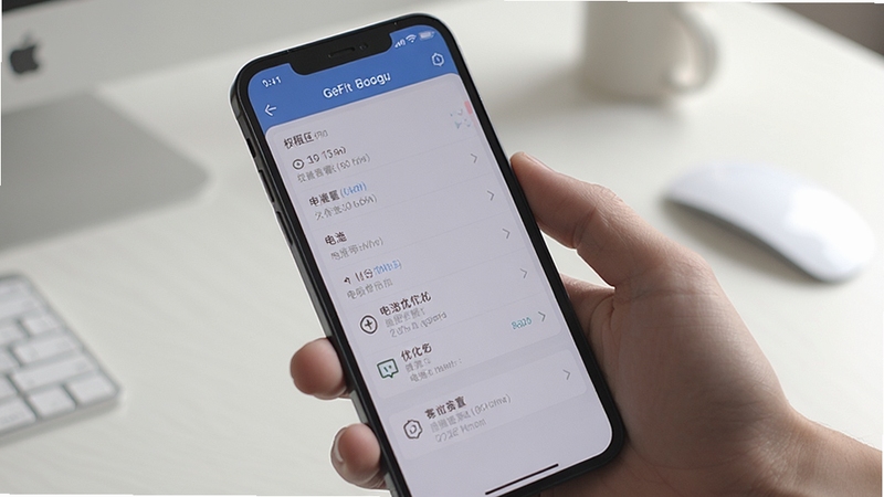 GeFit权限设置与后台管理操作示意画面,手机屏幕显示应用权限列表与电池优化选项,画面主体为手持手机的特写,背景为简洁的桌面环境,光线柔和,重点突出设置界面细节,适配Boogu模型生成