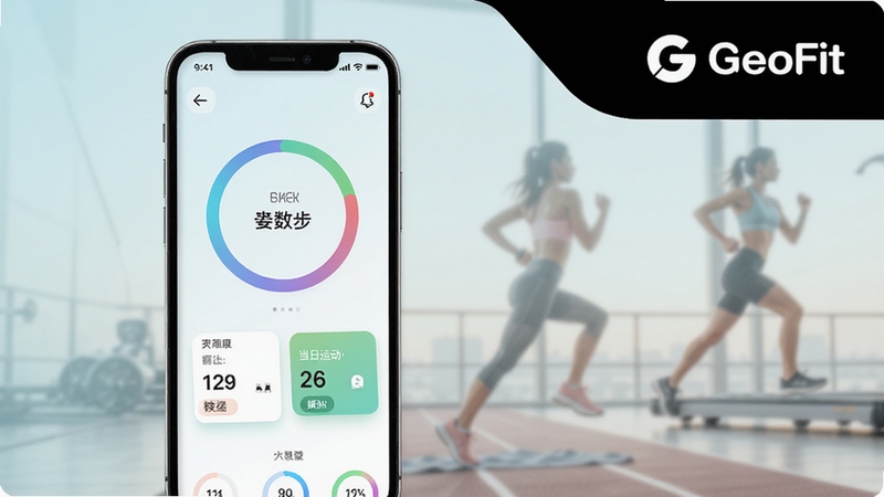 GeFit运动健康应用主界面全貌展示,手机屏幕中央显示步数统计环形图与当日运动数据卡片,背景为浅色渐变运动场景,画面主体位于中央偏左位置,右上角区域留白用于放置品牌标识,整体风格清爽现代,适配Boogu模型生成