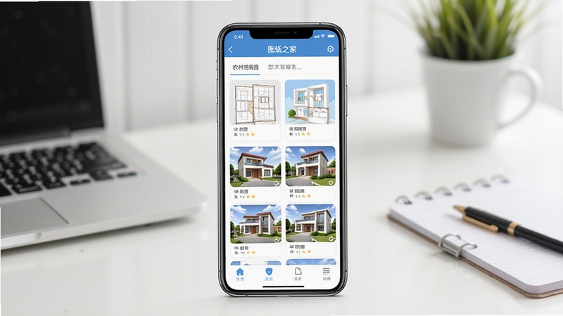 图纸之家应用界面全景展示,手机屏幕中呈现农村自建房图纸分类列表与别墅效果图缩略图,背景为整洁的桌面环境,画面主体居中,光线明亮柔和,现代扁平化UI风格,细节清晰,突出图纸之家软件核心功能全貌