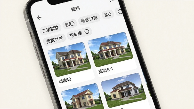 图纸之家软件内图纸筛选界面,手机屏幕显示二层别墅、面宽11米、带车库等筛选标签,下方排列多张农村自建房效果图卡片,画面干净整洁,浅色背景,UI元素清晰,突出分类检索功能,图纸之家应用场景