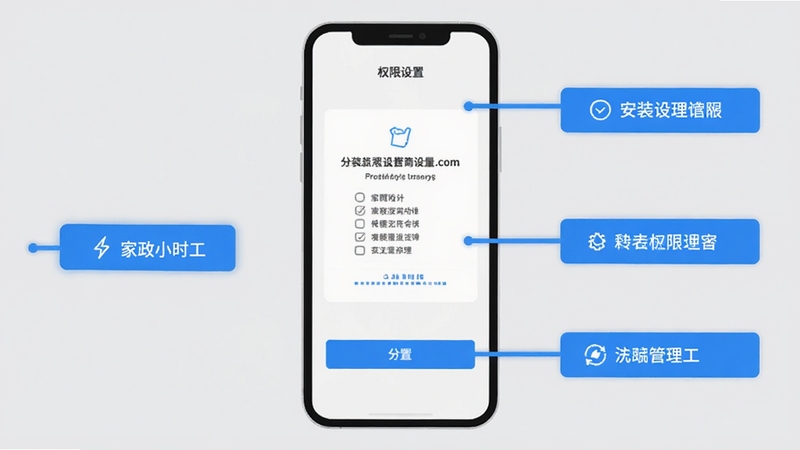 家政小时工软件安装设置界面示意图,手机屏幕展示权限管理页面,简洁扁平化设计,浅灰色背景,蓝色高亮按钮,清晰的操作引导标注