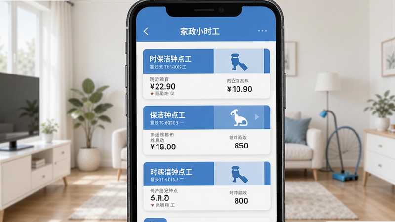家政小时工软件界面展示附近保洁钟点工需求列表,手机屏幕特写,干净明亮的家居背景,扁平化UI风格,蓝白色调,清晰的信息卡片排列,现代简约设计