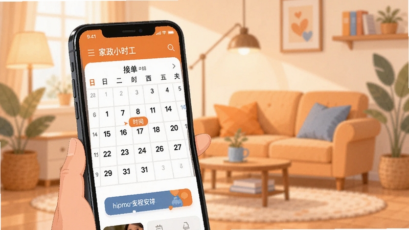 家政小时工软件日程管理页面,手机界面展示接单日历与时间安排,温馨家居环境虚化背景,柔和光线,扁平插画风格,橙蓝色调搭配