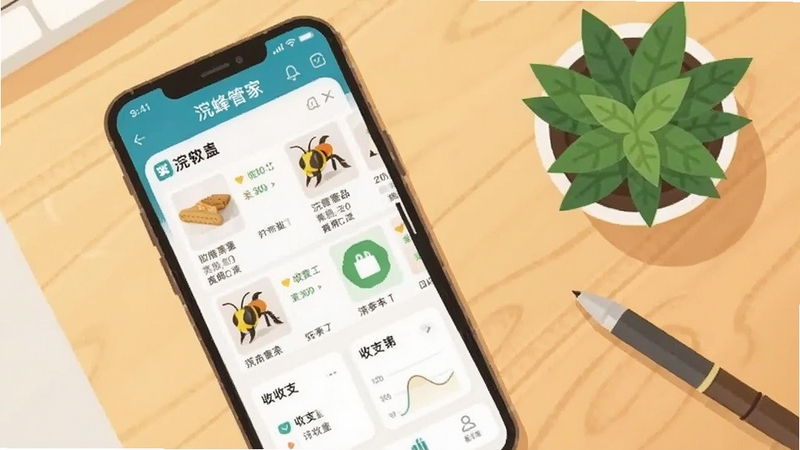 整体画面采用俯视视角,画面中央偏左位置放置一部智能手机,手机屏幕上显示浣蜂管家应用的主界面,包含商品列表与收支统计卡片,背景区域为浅木色桌面,桌面右侧摆放一盆小绿植和一支笔,整体色调温暖明亮,扁平化插画风格,细节清晰,适合软件下载站展示