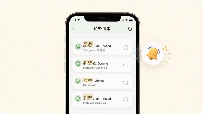 画面展示浣蜂管家应用内的待办清单页面,手机屏幕中央是几条带有时间标签的待办事项,屏幕旁边漂浮着一个小铃铛图标,背景为柔和的米白色,整体风格清新简约,突出提醒功能的视觉表达
