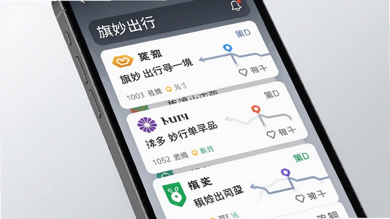 旗妙出行司机端旗舰版多平台订单聚合界面特写,手机屏幕中显示多个订单卡片纵向排列,每张卡片标注不同渠道标识与路线信息,背景为浅灰色渐变,突出科技感与效率感,画面清晰明亮