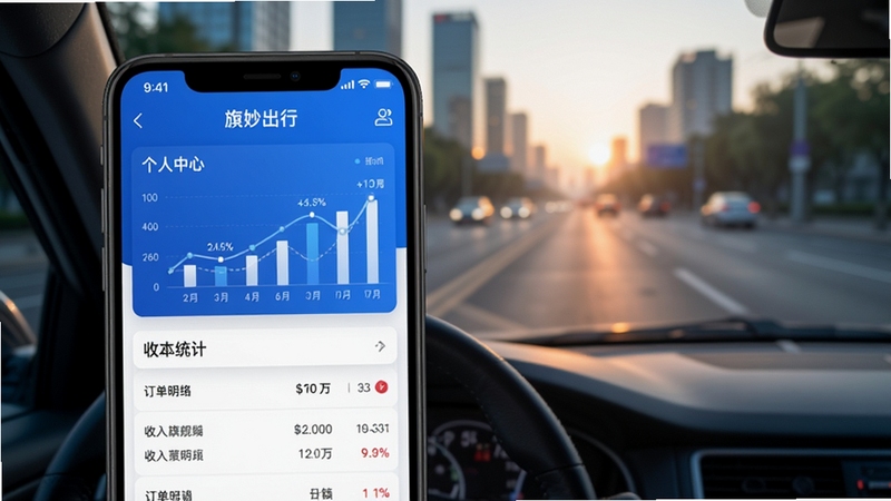 旗妙出行司机端旗舰版个人中心与收入统计页面展示,手机屏幕呈现数据图表与订单明细列表,配色以蓝白为主,风格清爽专业,背景为虚化的城市清晨道路场景