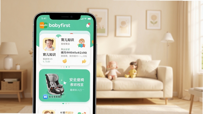 ���廭����һ���ƶ���Ӧ�ý���Ϊ�Ӿ����ģ���������λ������ƫ��λ�ã�չʾbabyfirstӦ����ҳ������֪ʶ��Ƭ�밲ȫ���ν̳���ڣ���������Ϊ��ܰ��ǳ��ɫ��ͥ���������������Ȼ����Ҳ����룬������Ϊ��ˬ�ı�ƽ����Ʒչʾͼ��ϸ�ڰ���ͼ�ꡢ��ƬԲ�ǡ�ǳɫ��Ӱ������ɫ����ů����ͼ�ɾ����ʺ�Ӧ���̵�չʾ