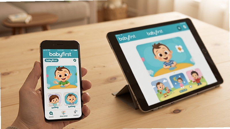 babyfirstӦ�����ֻ���ƽ��˫�豸�ϵ�ʹ�ó���ͼ����������Ϊһֻ���ճ��ֻ�λ�ڻ������½ǣ���һ̨ƽ�����б�����Ҳ����棬������Ļ����ʾbabyfirst�Ľ̳̽��棬��������Ϊǳľɫ�������黯�ľӼһ��������Ϊ�����Ʒ����ͼ���������ƫů��ϸ������ʵ���豸�߿�����Ļ����