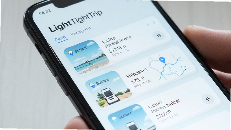 LightTrip软件界面展示轻量行程卡片列表,手机屏幕特写,简洁清新风格,浅色调背景,突出行程记录功能