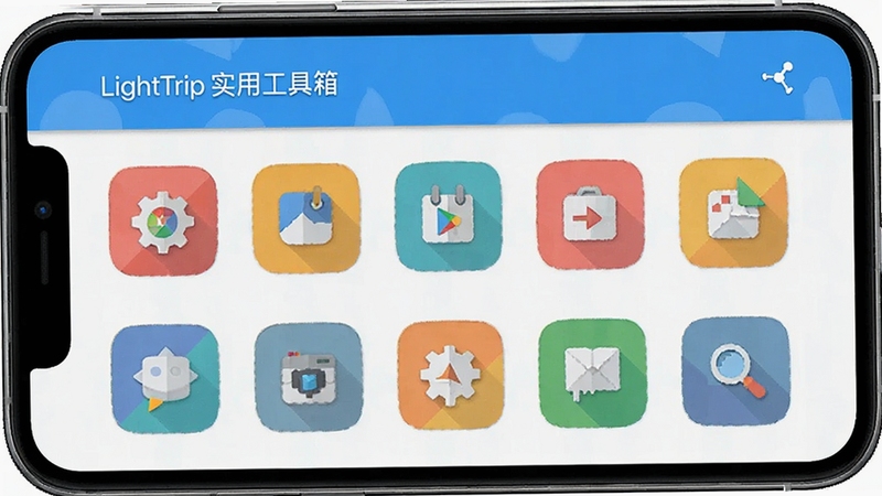 LightTrip实用工具箱界面,多个小工具图标整齐排列,扁平化设计风格,手机屏幕展示,明亮色彩搭配