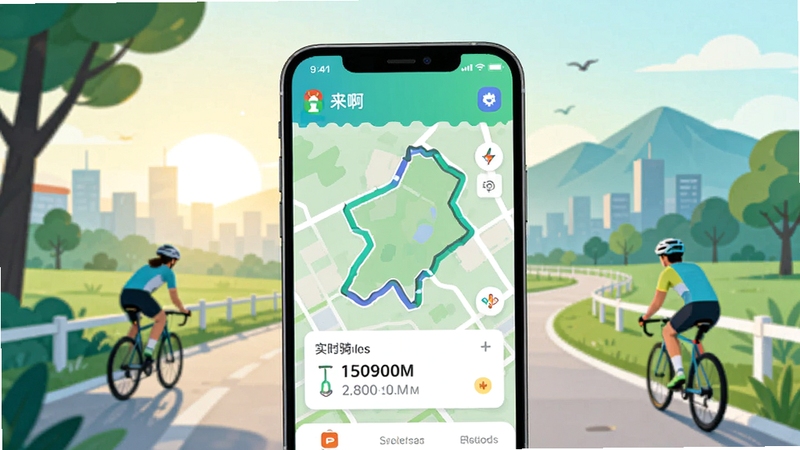 画面中央一部智能手机屏幕显示来啊骑行应用主界面,界面包含骑行轨迹地图与实时速度数据卡片,背景为清晨城市绿道与远山轮廓,整体色调清新明亮,采用扁平化数字插画风格,突出运动科技感与户外骑行氛围,构图简洁大气适配下载站展示