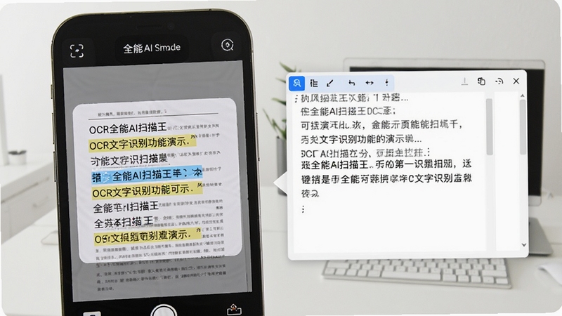 全能AI扫描王OCR文字识别功能演示,手机屏幕显示纸质文档被扫描后文字逐行高亮提取,旁边浮现可编辑文本窗口,背景为浅色办公环境,画面清晰明亮