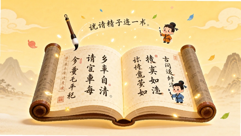 画面中央是一本摊开的发光古诗书卷,书页上漂浮着毛笔字体的诗句与卡通小诗人形象,背景为柔和的暖黄色渐变天空与远山剪影,整体风格清新童趣,适合儿童诗词学习应用宣传图,构图居中留白适中