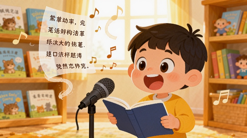 一个卡通小孩站在麦克风前大声朗读古诗,周围环绕着音符与飘动的诗句文字,背景是明亮的书房场景,书架上摆满绘本,整体色调温暖活泼,突出儿童语音跟读互动的趣味氛围