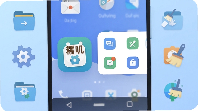 一幅展示安卓手机主界面的插画,画面中央是糯叽工具箱的图标与功能面板,背景为浅蓝色渐变,周围散布文件夹、齿轮、清理刷等小图标,整体风格清爽简洁,适配Boogu模型生成