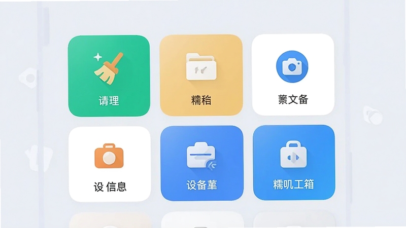 一张展示手机工具聚合界面的概念图,画面中央为糯叽工具箱的功能卡片网格,包含清理、文件、设备信息等图标,背景为柔和浅灰,整体呈现扁平化设计风格