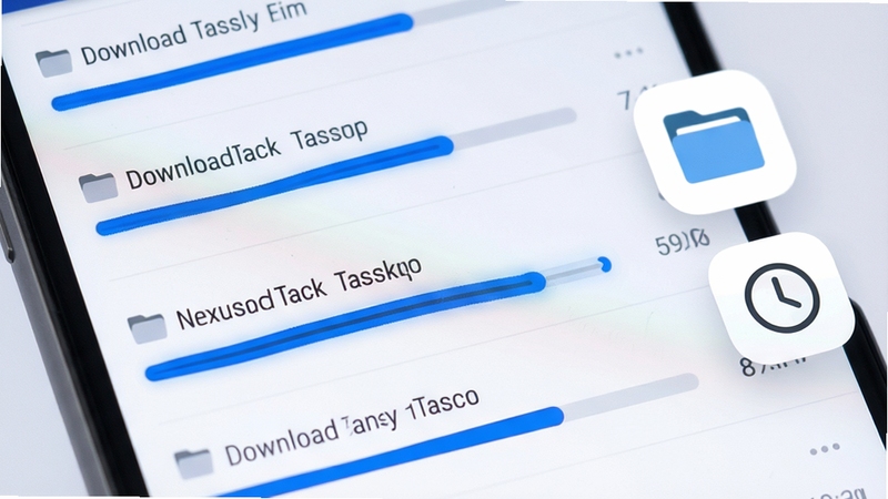 nexus_download任务管理界面特写,手机屏幕内多条下载任务整齐排列,进度条以蓝色高亮显示,画面右侧配有悬浮的文件夹与时钟图标,整体采用清爽扁平化设计,背景为柔和的浅灰白色,体现有序管理的视觉感受