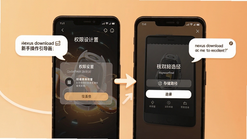 nexus_download新手操作引导画面,手机屏幕展示权限设置与存储路径选择界面,画面以暖色调为主,配有简洁的箭头指引与提示气泡,背景为浅橙色渐变,营造友好易懂的新手引导氛围