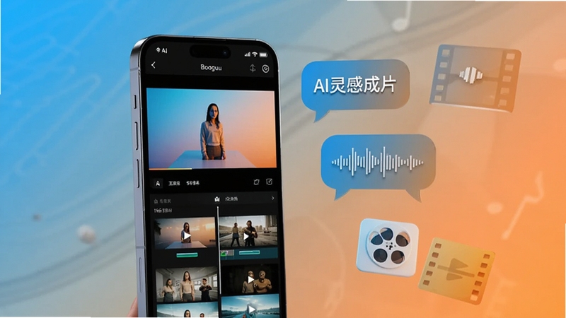 整体画面采用明亮的科技蓝与暖橙渐变背景,画面中央偏左位置放置一部竖屏智能手机,屏幕中展示AI灵感成片的视频编辑界面与成片预览缩略图,右侧区域漂浮着文字气泡、音乐波形与胶片图标,构图简洁现代,适配Boogu模型生成