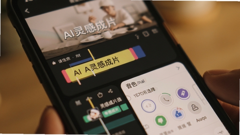 画面聚焦手机屏幕特写,屏幕中显示AI灵感成片的字幕编辑面板与音色选择列表,字幕以高亮色块标注,背景虚化处理,整体色调温暖柔和,适配Boogu模型生成