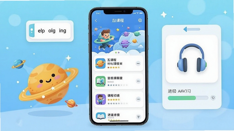 瓦拉英语应用界面全景展示,主体为手机屏幕中的英语学习课程列表与卡通星球插画,背景为浅蓝色渐变学习场景,包含单词卡片、听力耳机图标与进度条元素,画面明亮清新,适合软件下载站配图