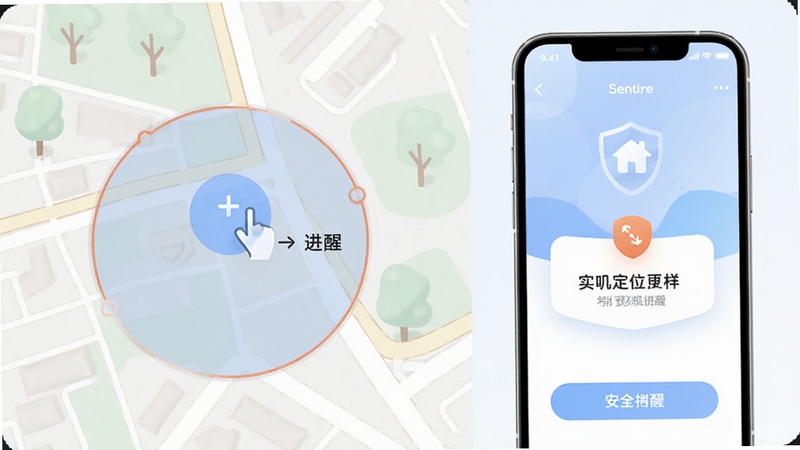 实时手机定位电子围栏功能示意,地图上显示圆形安全区域与进出提醒图标,手机界面简洁,配色柔和,突出安全守护概念