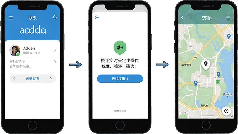 实时手机定位操作步骤示意图,手机屏幕显示添加联系人、授权确认与地图查看三个界面,画面简洁清晰,配色明快,适合教程配图使用