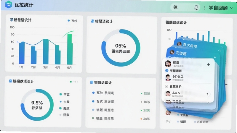 瓦拉英语学习数据看板,画面展示柱状图、环形进度与错题卡片堆叠,配色为蓝绿渐变,背景为浅灰色数据面板,突出学习统计与错题回顾功能