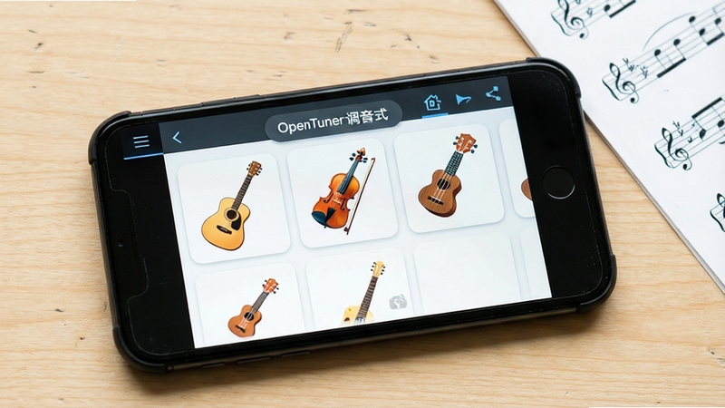 OpenTuner多乐器调音模式选择界面,画面展示手机屏幕内排列着吉他、小提琴、尤克里里等乐器图标选项,背景为浅色木质桌面与乐谱一角,风格清新明快,体现工具的多场景适用性