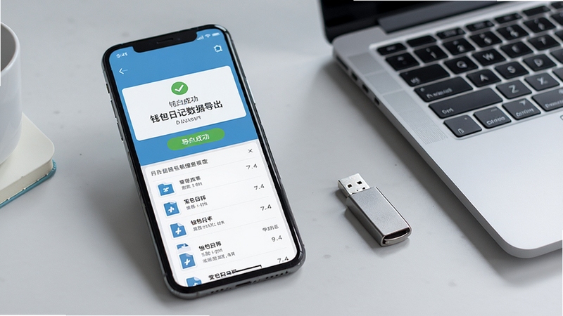 钱包日记数据导出界面展示,画面主体为手机屏幕上的导出成功提示与文件列表,背景为简洁的浅灰色办公桌面,旁边放置笔记本电脑与U盘,体现数据管理的便捷与安全感