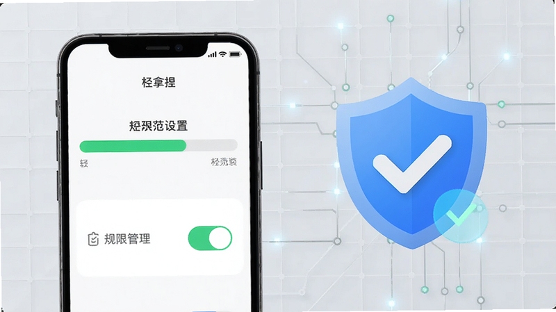 轻松拿捏安装与权限设置示意图,画面展示手机屏幕上的安装进度条与权限管理开关界面,旁边有盾牌图标与对勾标记,背景为淡灰色科技感网格,整体传达安全安装与规范设置的概念