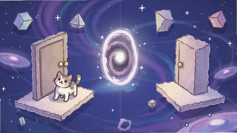 异次元的猫游戏主界面,手绘风格猫咪站在漂浮的几何空间门前,背景为紫蓝色异次元星空,画面中央有发光传送门,整体色调梦幻柔和,横版构图适合游戏宣传图